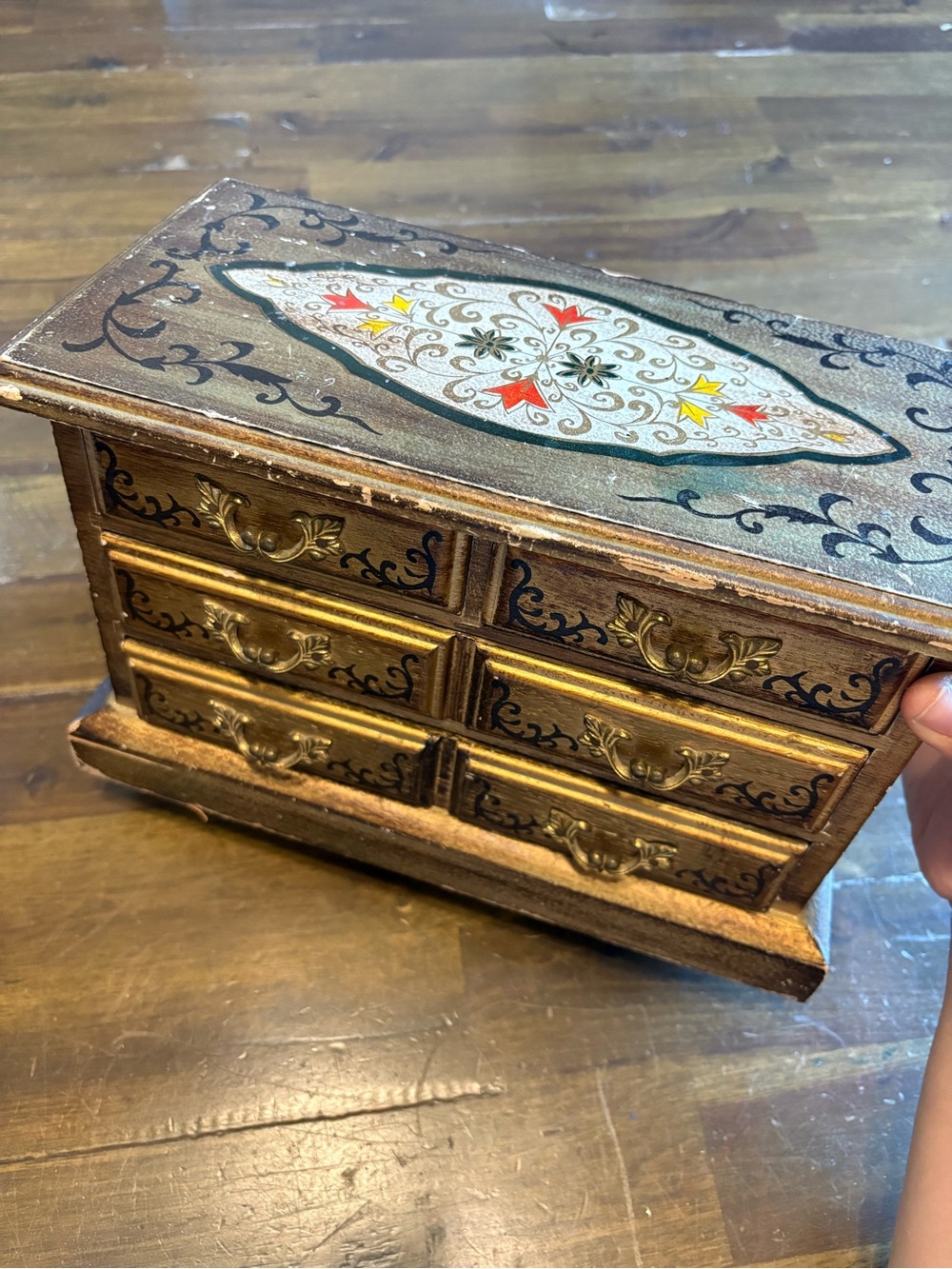vintage Italian Florentine jewelry box hand-painted gold and black ornate Japan